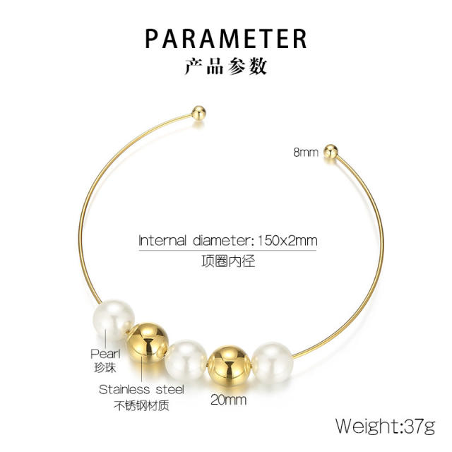 Personality imitation pearl ball bead stainless steel cuff choker necklace
