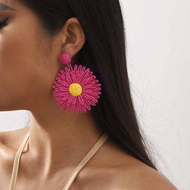 Summer straw flower dangle beach earrings