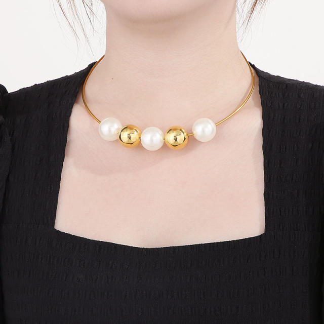 Personality imitation pearl ball bead stainless steel cuff choker necklace