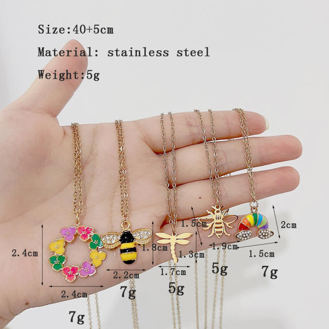 Dainty colorful enamel bee rainbow dainty stainless steel necklace