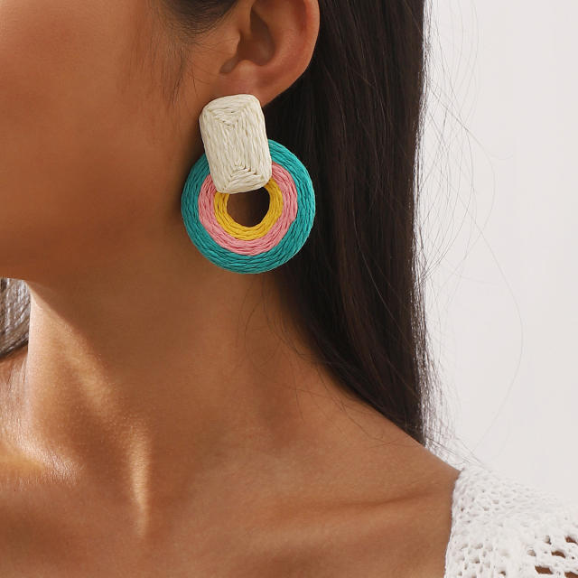 Boho colorful summer straw beach holiday earrings
