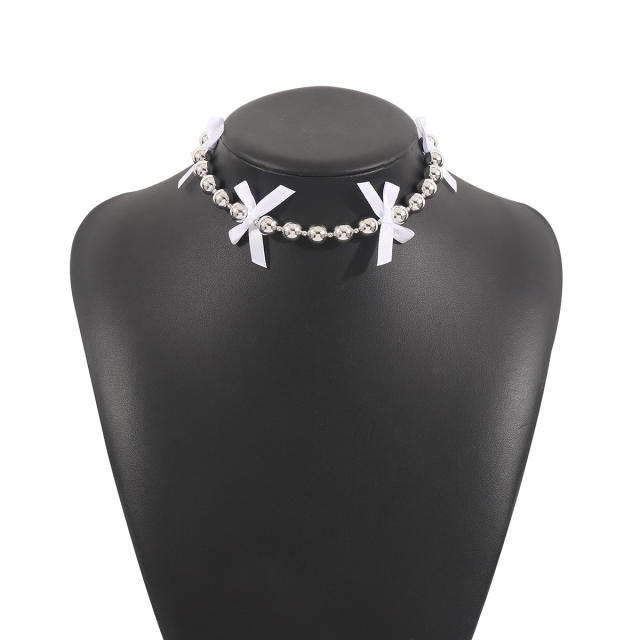 Y2K colorful ribbon bow ball beaded choker necklace