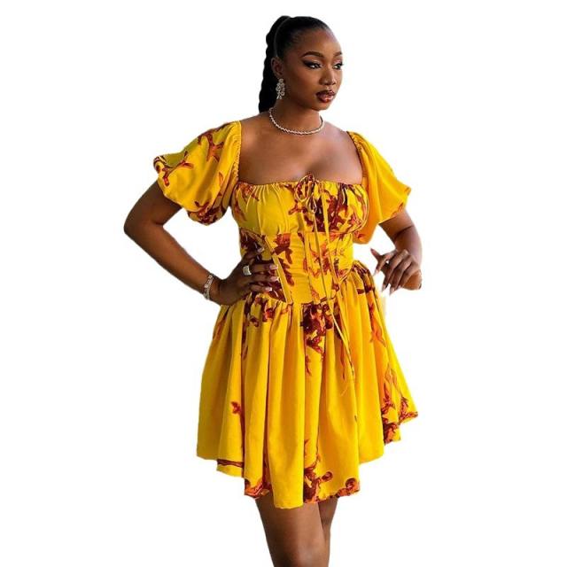 Summer yellow color floral pattern corset dress short dress