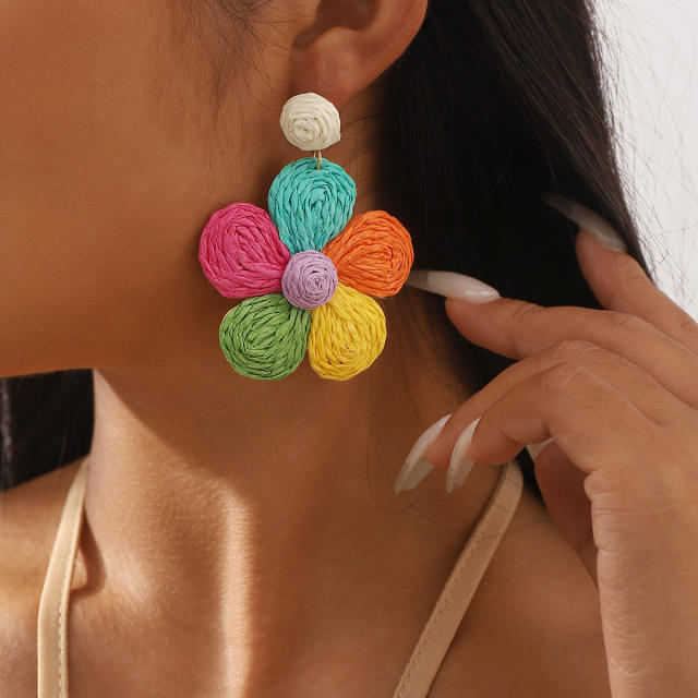 Summer colorful straw flower dangle beach holiday earrings