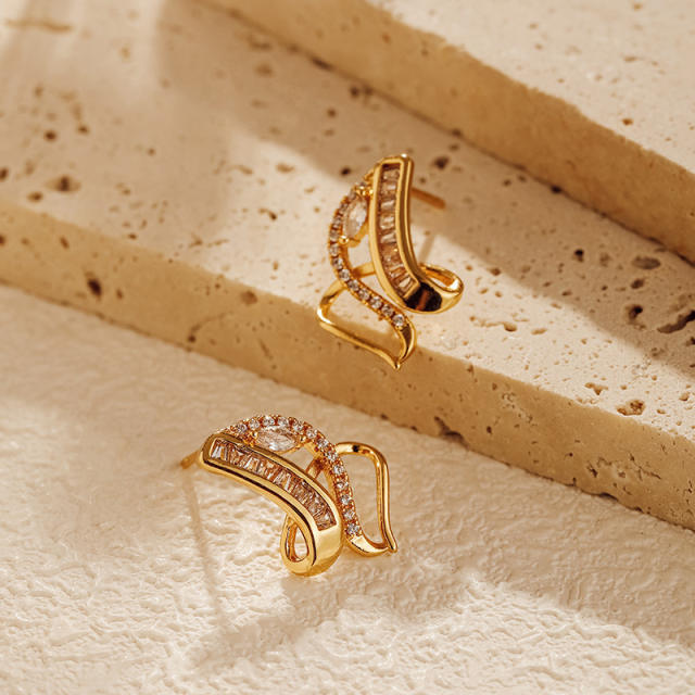 Real gold plated copper cubic zircon twisted studs earrings