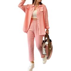 Summer casual plain color blouse pants set