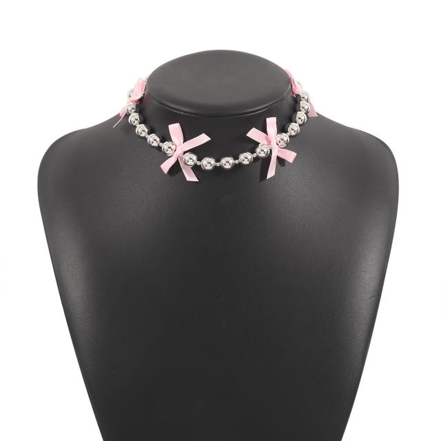 Y2K colorful ribbon bow ball beaded choker necklace