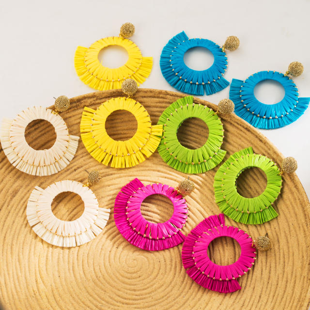 Holiday colorful straw short tassel dangle earrings