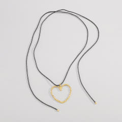 Hollow heart black wax rope strappy choker necklace