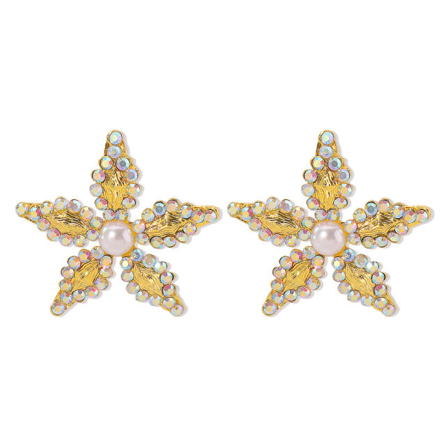 Elegant pearl beaded rhinestone flower chunky earrings