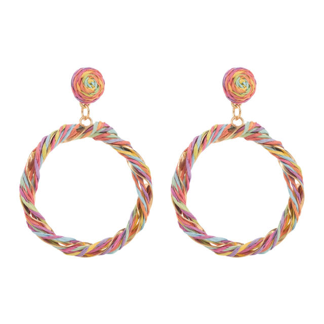 Boho summer straw circle dangle earrings