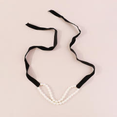 Vintage imitation baroque pearl black velvet choker necklace