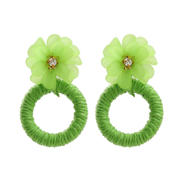 Colorful summer straw circle flower dangle earrings