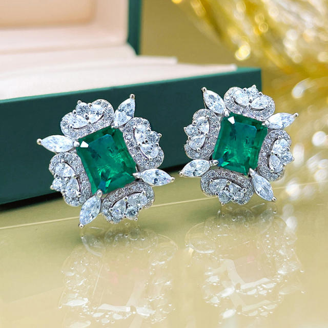 Delicate emerald ruby cubic zircon statement women studs earrings