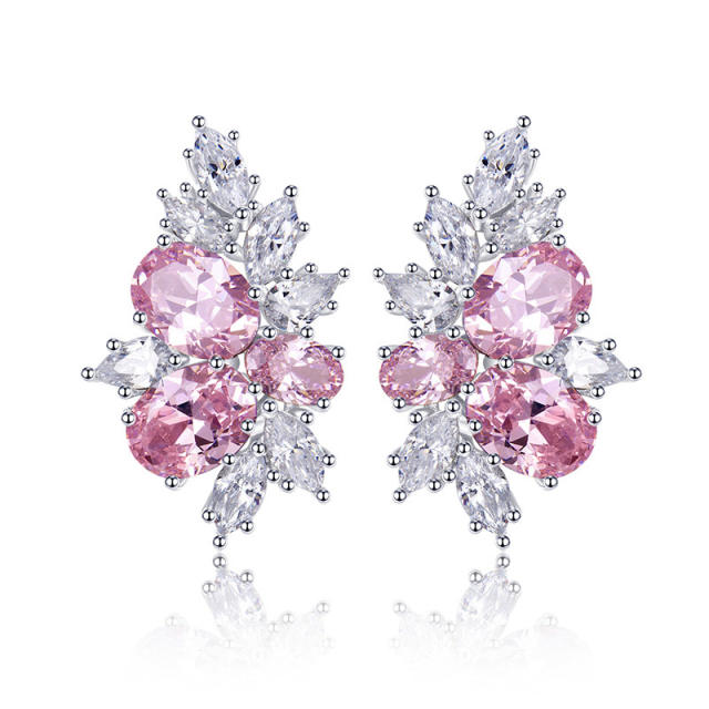 Sweet pink cubic zircon cherry bloom shape copper studs earrings