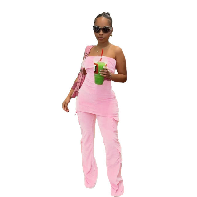 Summer hot sale pink color off shoulder long tops pants set