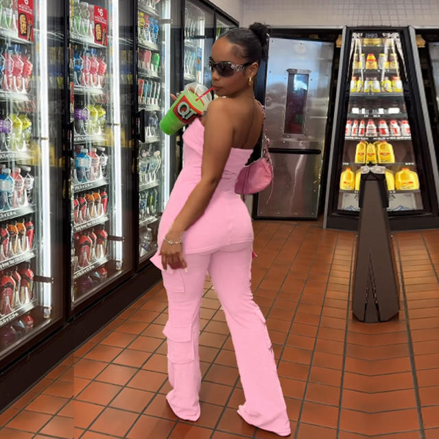 Summer hot sale pink color off shoulder long tops pants set
