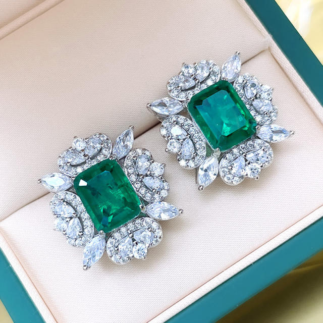 Delicate emerald ruby cubic zircon statement women studs earrings