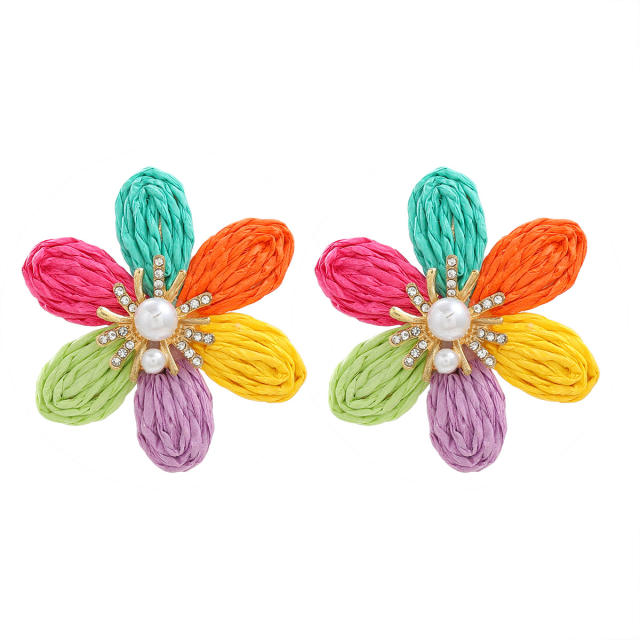 Summer straw petal flower beach earrings