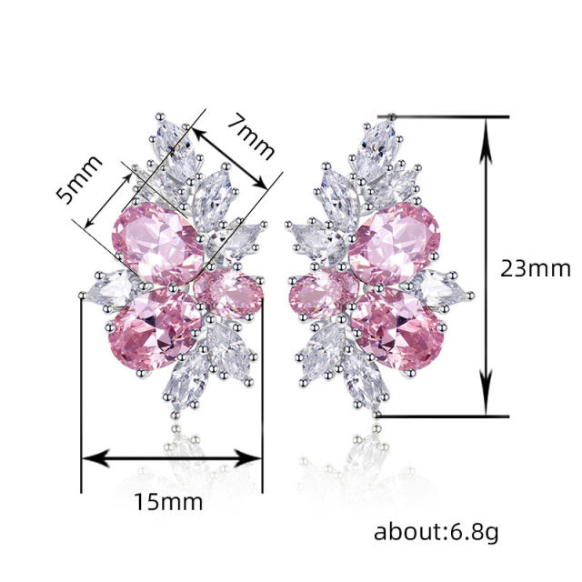 Sweet pink cubic zircon cherry bloom shape copper studs earrings