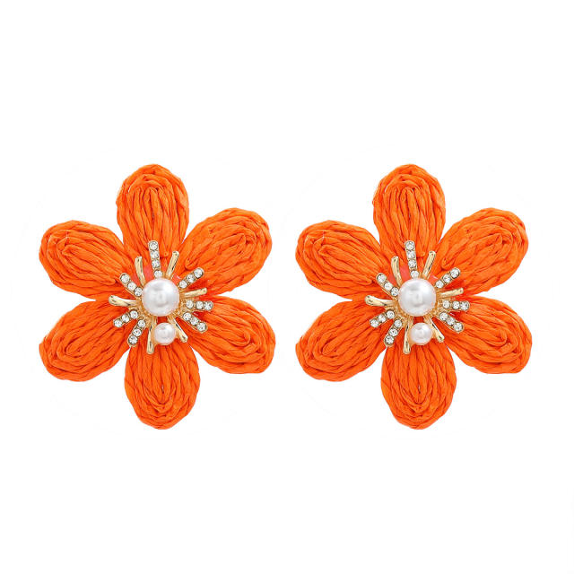 Summer straw petal flower beach earrings