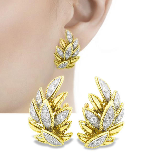 Delicate full diamond ears of wheat shape copper studs earrings
