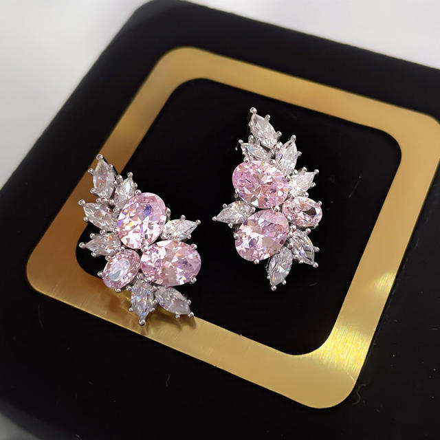 Sweet pink cubic zircon cherry bloom shape copper studs earrings