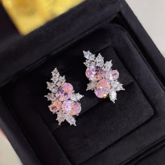 Sweet pink cubic zircon cherry bloom shape copper studs earrings