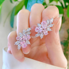 Sweet pink cubic zircon cherry bloom shape copper studs earrings