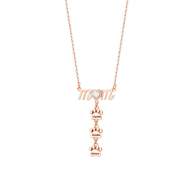 Delicate mom letter paw print engrave letter stainless steel chain necklace