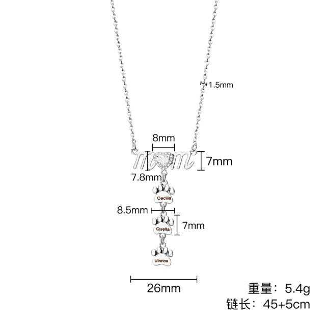 Delicate mom letter paw print engrave letter stainless steel chain necklace