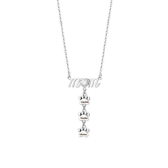 Delicate mom letter paw print engrave letter stainless steel chain necklace
