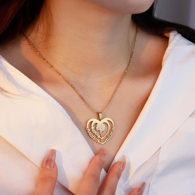 DIY carnation flower hollow heart custom name necklace