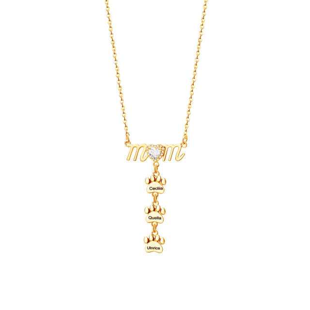 Delicate mom letter paw print engrave letter stainless steel chain necklace