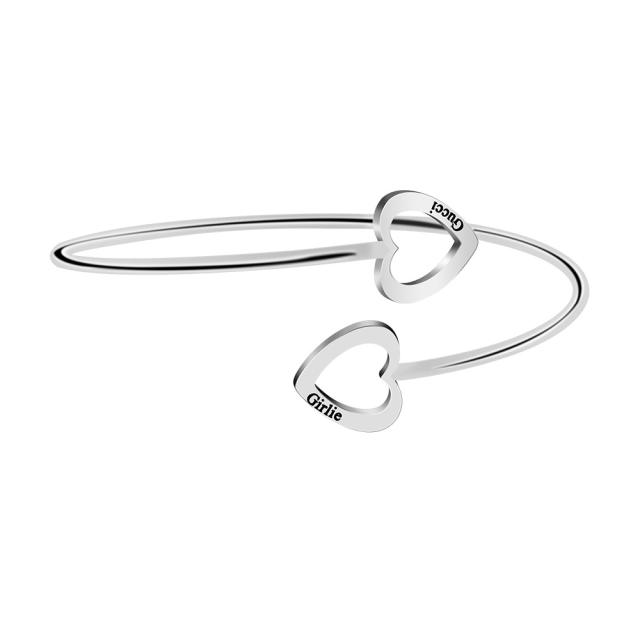 Hot sale hollow heart engrave letter stainless steel cuff bangle