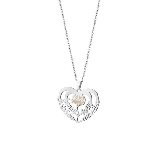 DIY carnation flower hollow heart custom name necklace