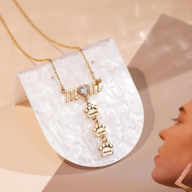 Delicate mom letter paw print engrave letter stainless steel chain necklace