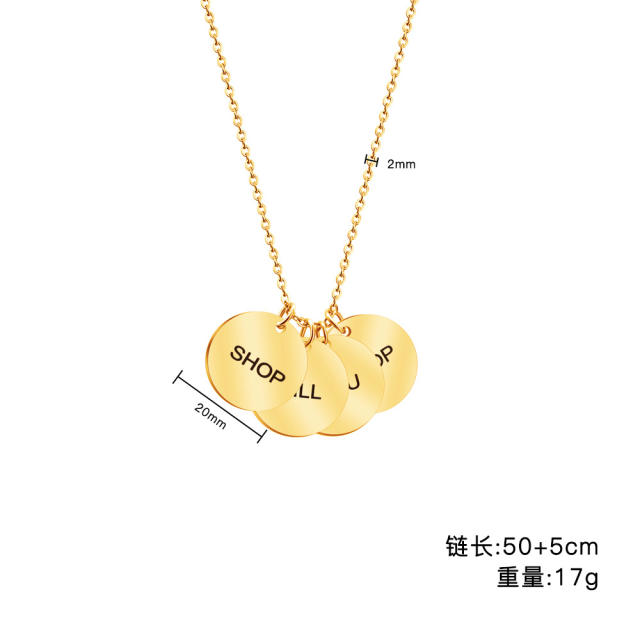 Hot sale engrave letter round piece charm stainless steel necklace