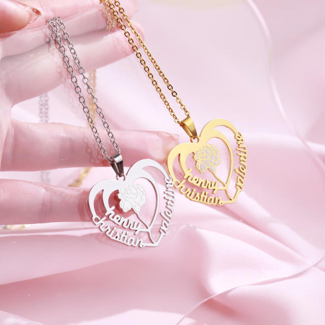 DIY carnation flower hollow heart custom name necklace