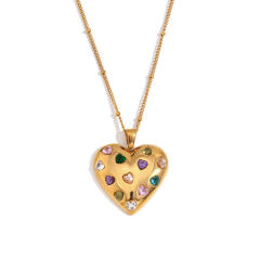 Romantic heart colorful cubic zircon stainless steel necklace set