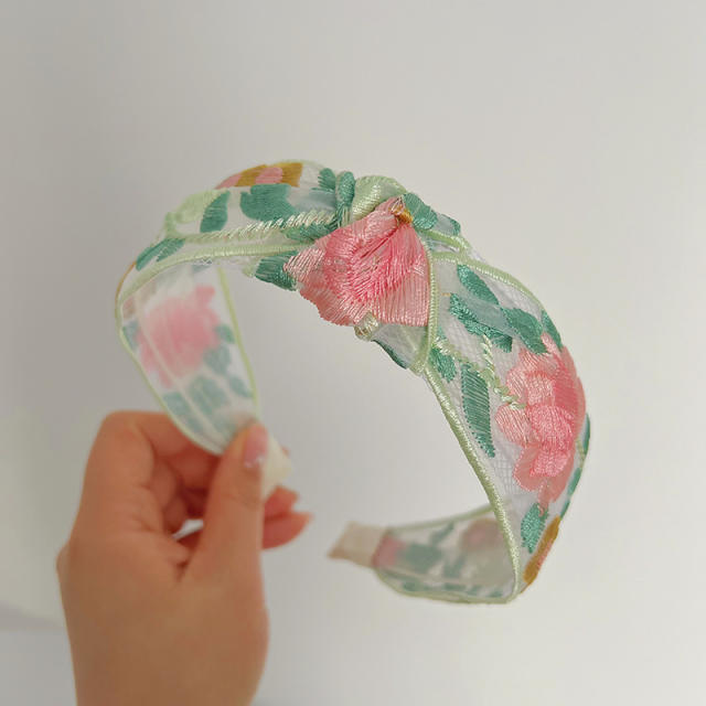 Spring summer fresh green color embroidery flowers headband hair clips collection