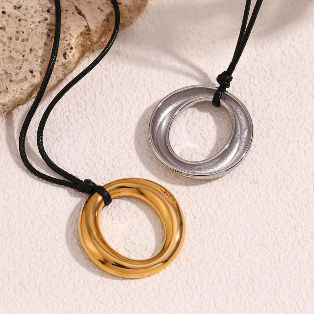 18KG geometric circle pendant black rope necklace