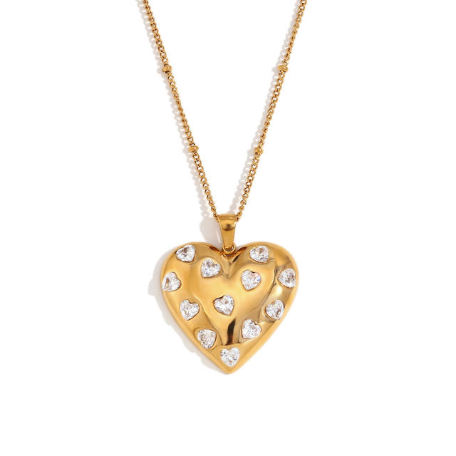 Romantic heart colorful cubic zircon stainless steel necklace set
