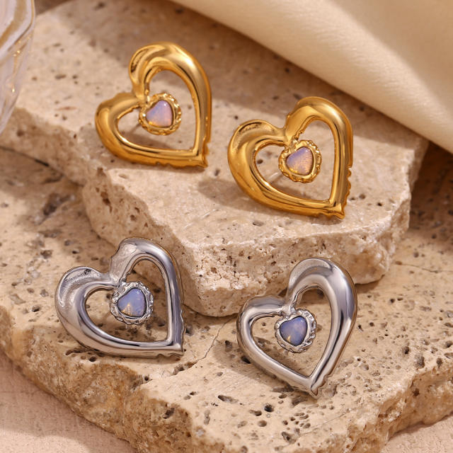 Hollow heart opal stone statement stainless steel earrings