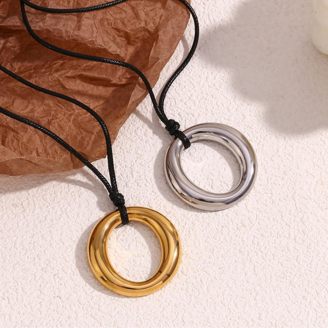 18KG geometric circle pendant black rope necklace