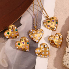 Romantic heart colorful cubic zircon stainless steel necklace set