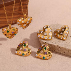 Romantic heart colorful cubic zircon stainless steel necklace set
