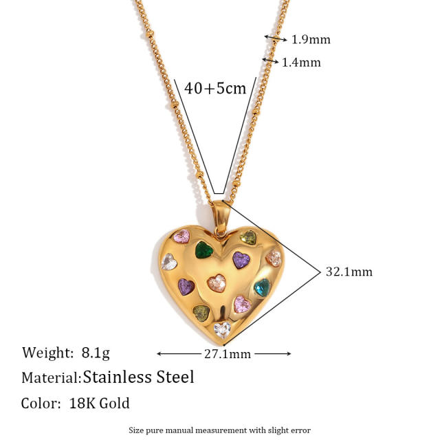 Romantic heart colorful cubic zircon stainless steel necklace set