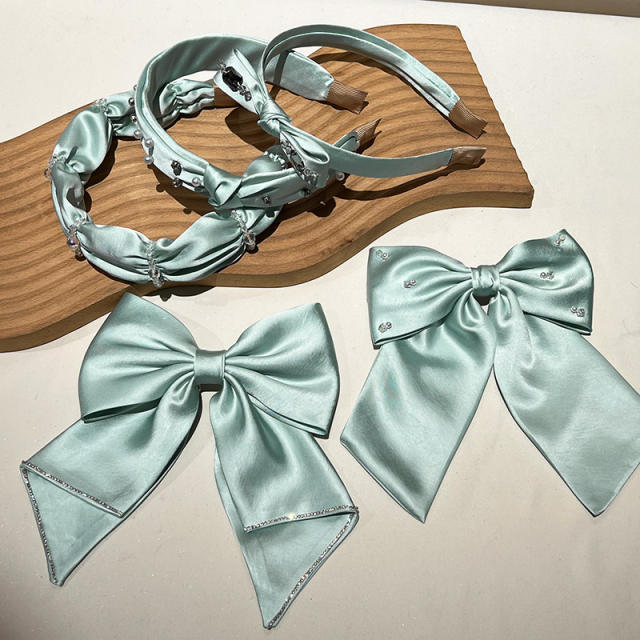 Summer blue color satin headband bow hair clips collection