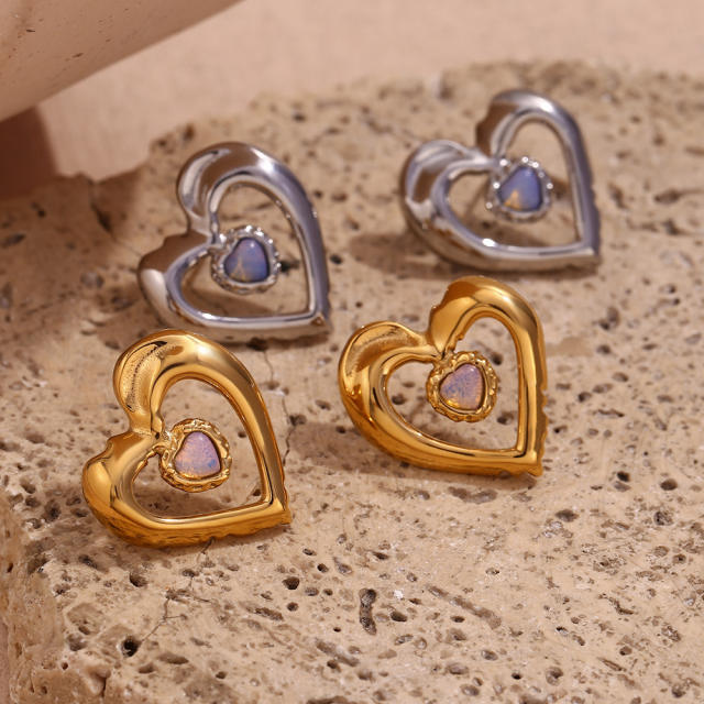 Hollow heart opal stone statement stainless steel earrings